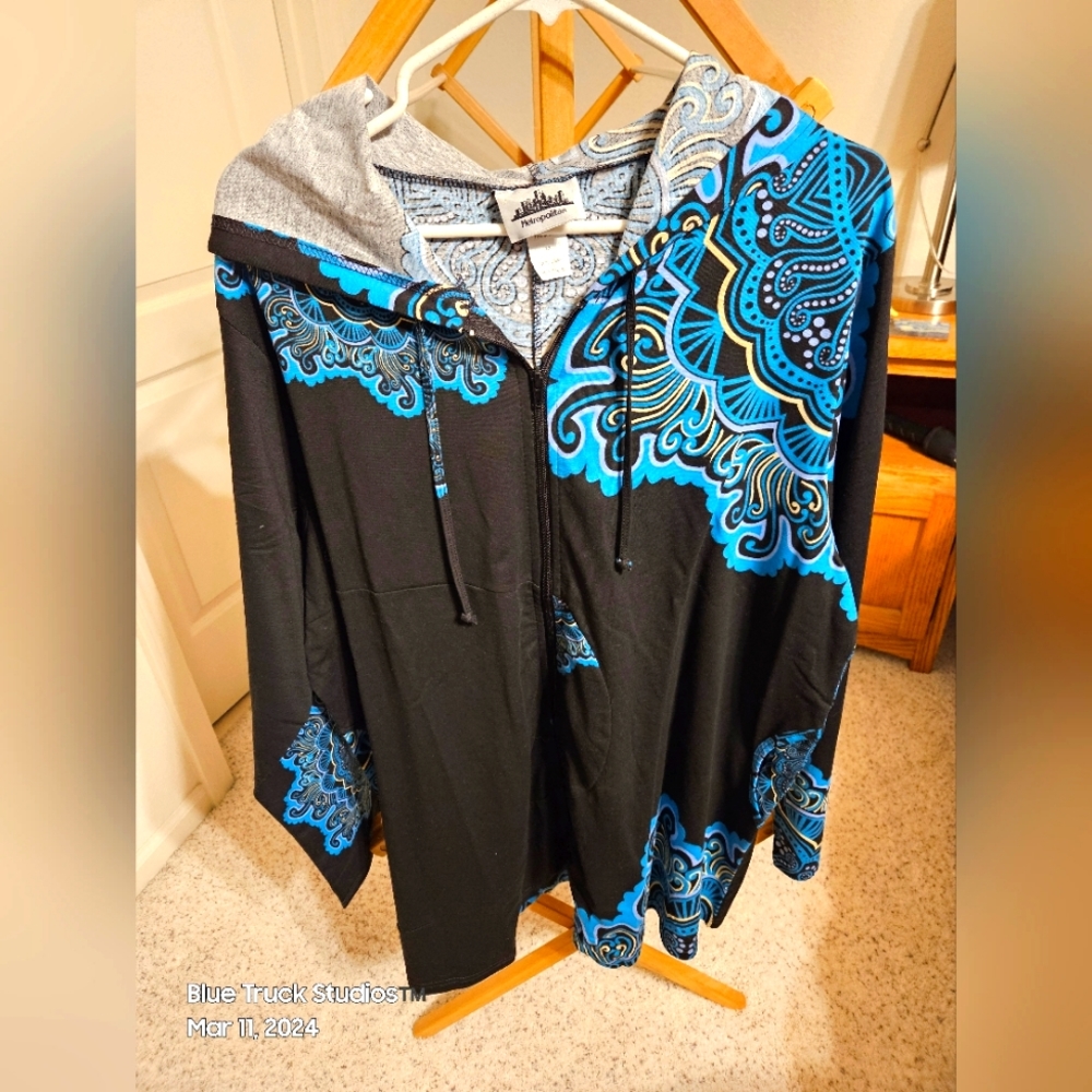Metropolitan Black Blue Patterned Lightweight Zip Hooded Jacket Plus Size 2X